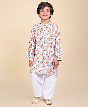 Babyhug Cambric Woven Full Sleeves Floral Printed Kurta With Pyjama Set - Orange & White