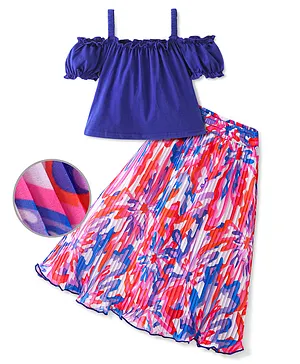 Ollington St. Knitted Off Shoulder Top & Pleated Georgette Floral Printed Skirt - Blue & Multicolour