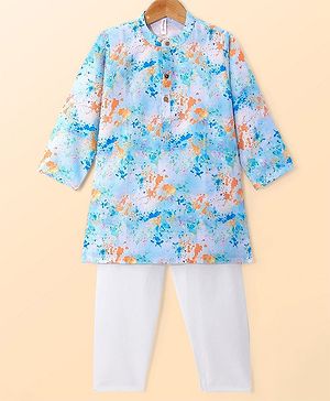 Babyhug Cambric Woven Full Sleeves Splashed Printed Kurta With Pyjama Set - Blue & White