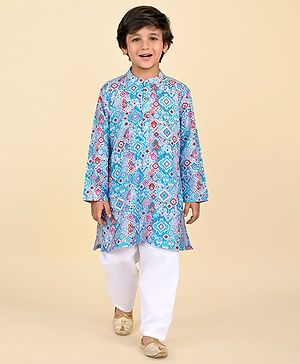 Babyhug Cambric Woven Full Sleeves Shapes Printed Kurta With Pyjama Set - Blue & White
