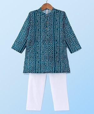 Babyhug Full Sleeves Cambric  Kurta With Payjama Set Bandhani Print - Green
