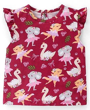 Babyhug Cotton Knit Frill Sleeves Mice Printed Top - Red