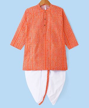 Babyhug Cambric Woven Full Sleeves Bandhani Printed Kurta With Dhoti Set - Orange & White
