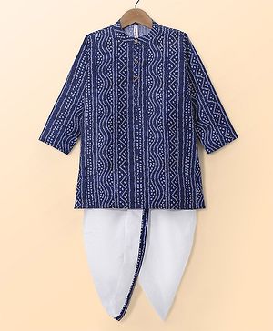 Babyhug Cambric Woven Full Sleeves Bandhani Printed Kurta With Dhoti Set - Navy & White