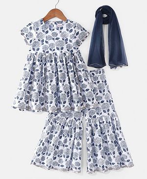 Babyhug Cotton Woven Half Sleeves Kurti Sharara & Dupatta Set Floral Print - White & Navy Blue