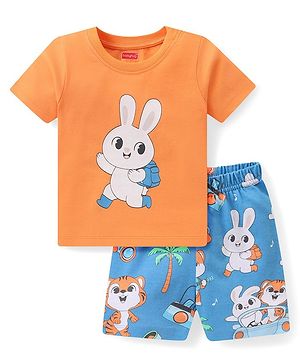 Babyhug Cotton Knit Half Sleeves Bunny Printed Night Suit - Orange & Blue