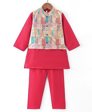Babyhug Cotton Woven Full Sleeves Kurta & Pajama Set with Printed Jacket - Red