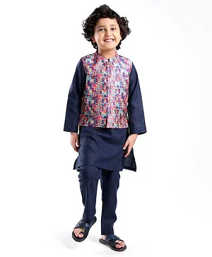 Babyhug 100% Cotton Woven Full Sleeves Solid Kurta Pyjama Set with Printed Jacket-  Navy Blue