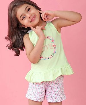 Babyhug Cotton Knit Sleeveless Night Suit Floral Print - Green & Pink