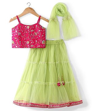 Babyhug  Sleeveless Floral  Embroiderd Choli &  Tiered Lehenga with  Dupatta Set - Green