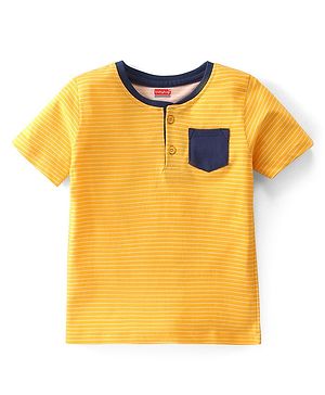 Babyhug 100% Cotton Knit Henley Neck Half Sleeves T-Shirt Striped with Front Pocket - Yellow