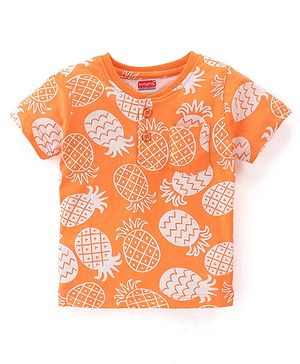 Babyhug 100% Cotton Knit Henley Neck Half Sleeves T-Shirt with Pocket and Pineapple Print - Orange