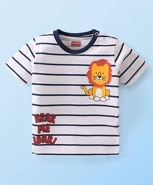 Babyhug Cotton Knit  Half Sleeves Striped T-Shirt  with Lion & Text Graphics - Multicolour