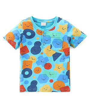 Babyhug Cotton Knit Half Sleeves Henley Neck T-Shirt With Shapes Print and Pocket Detailing- Blue
