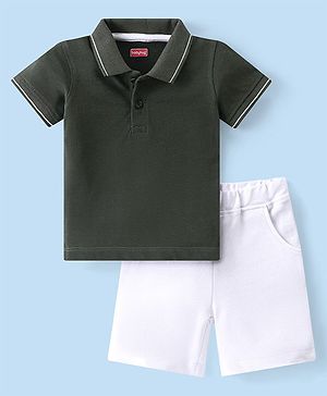 Babyhug Single Jersey Half Sleeves Polo T-Shirt & Shorts Set - Black &  White
