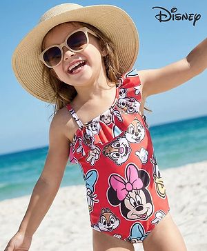 Babyhug Disney Sleeveless V Cut Swimsuit with Frill Detailing Minnie Mouse Print - Red