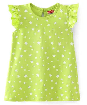 Babyhug Cotton Knit Single Jersey Frill Sleeves Nighty With Star Print - Green
