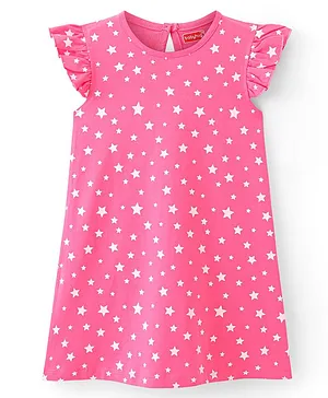 Babyhug Cotton Knit Single Jersey Frill Sleeves Nighty With Heart Print - Pink
