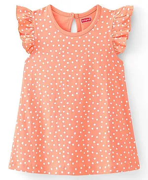 Babyhug Cotton Knit Single Jersey Frill Sleeves Nighty With Polka Dots Print - Peach