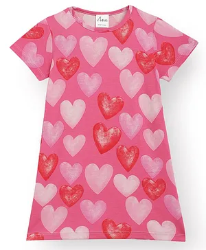 Anthrilo Cotton Knitted Half Sleeves Hearts Printed Night Dress - Pink