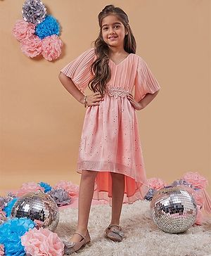 Pspeaches Half Flared Sleeves Pleated Bodice With Floral Lace Embellished & Polka Dot Foil Printed Asymmetric Dress - Peach