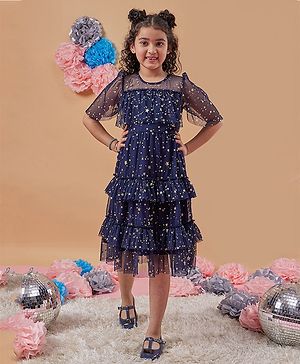 Pspeaches Half Sleeves Stars Foil Printed A Line Layered Dress -  Navy Blue