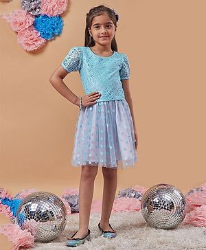 Pspeaches Half Sleeves Floral Lace Embellished Blended Top With Polka Dots & Shimmer Detailed Skirt - Blue