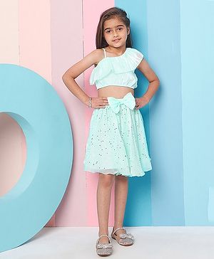 Pspeaches One Shoulder Ruffle Detailed Organza  Top With Stone Embellished Skirt - Green