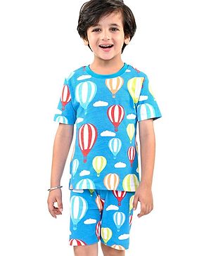 Babyhug Cotton Knit Half Sleeves Hot Air Balloon Printed Night Suit - Blue