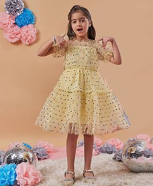 Pspeaches Puffed Sleeves Square Foil Printed Net Fit & Flare Dress - Yellow