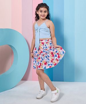 Pspeaches Sleeveless Knot Detailed Top With Butterfly Printed  Skirt - Blue