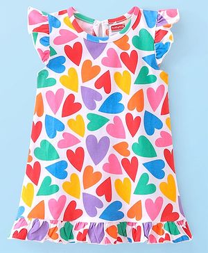 Babyhug Cotton Knit Single Jersey Cap Sleeve Nighty With Heart Print - Pink