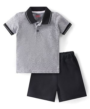 Babyhug Single Jersey Knit Half Sleeves Textured Polo T-Shirt & Shorts Set - White & Black