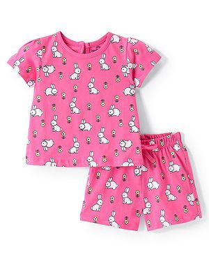 Doodle Poodle 100% Cotton Knit Half Sleeves Night Suit Bunny Print - Pink