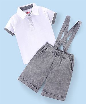 Babyhug Single Jersey Knit Half Sleeves Solid Color T-Shirt & Shorts with Suspender - White & Grey