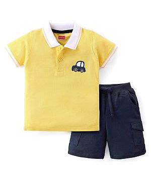 Babyhug Single Jersey Knit Half Sleeves T-Shirt & Shorts Set With The Vehicle Print - Yellow & Navy Blue