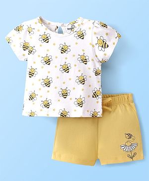 Doodle Poodle 100% Cotton Knit  Half Sleeves Nightsuit with Bee & Floral Print - White & Yellow