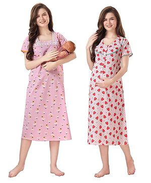 Piu Pack Of 2 Cotton Woven Half Sleeves Floral & Fruits Printed Nighties With Concealed Zipper Nursing Access - Pink & Red