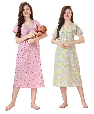 Piu Pack Of 2 Cotton Woven Half Sleeves Floral & Fruits Printed Nighties With Concealed Zipper Nursing Access - Pink & Green