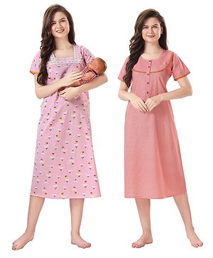 Piu Pack Of 2 Cotton Woven Half Sleeves Floral Printed Nighties With Concealed Zipper Nursing Access - Pink & Red