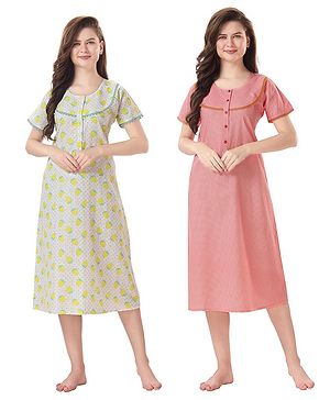 Piu Pack Of 2 Cotton Woven Half Sleeves Strawberry Printed & Checked  Nighties With Concealed Zipper Nursing Access - Green Red