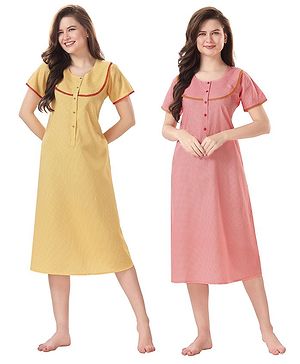 Piu Pack Of 2 Cotton Woven Half Sleeves  Checked  Nighties With Concealed Zipper Nursing Access -  Yellow Red