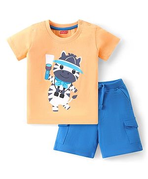 Babyhug 100% Cotton Knit Half Sleeves T-Shirt & Shorts With Zebra Print - Orange & Blue