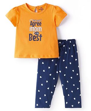 Doodle Poodle 100% Cotton Half Sleeves Night Suit Heart Print - Orange & Navy Blue