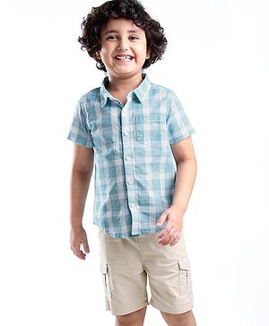 Babyhug 100% Cotton Woven Half Sleeves Checks Shirt & Twill Lycra Shorts - Sea Green & Beige