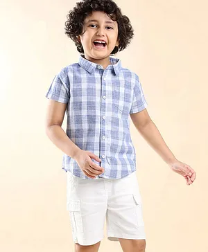 Babyhug 100% Cotton Woven Half Sleeves Shirt & Shorts Set Checkered - Blue & Green