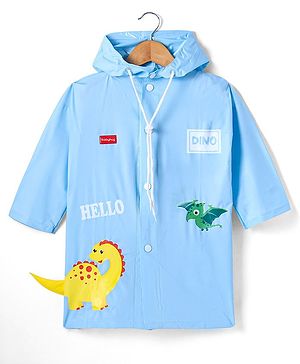 Babyhug Full Sleeve Below Knee Length Hooded Raincoat with Dino Print & Applique - Light Blue