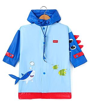 Babyhug Full Sleeves Below Knee Length Raincoat Shark Print & Applique - Light Blue