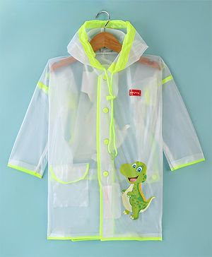 Babyhug Full Sleeves Below Knee Length Dino Box Kids Hooded Raincoat - White & Green