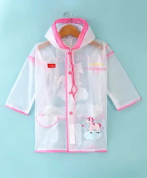 Babyhug Full Sleeves Below Knee Length Pony
                      Box Kids Hooded Raincoat - White & Pink